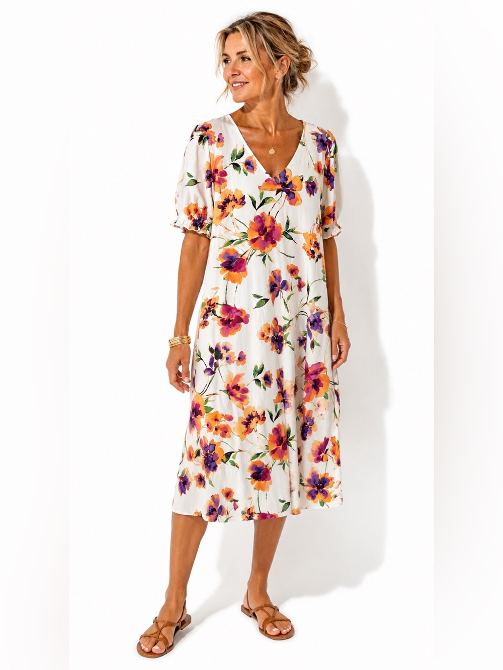 Susan Graver Off White Floral Resort Midi Dress with Pockets size Medium